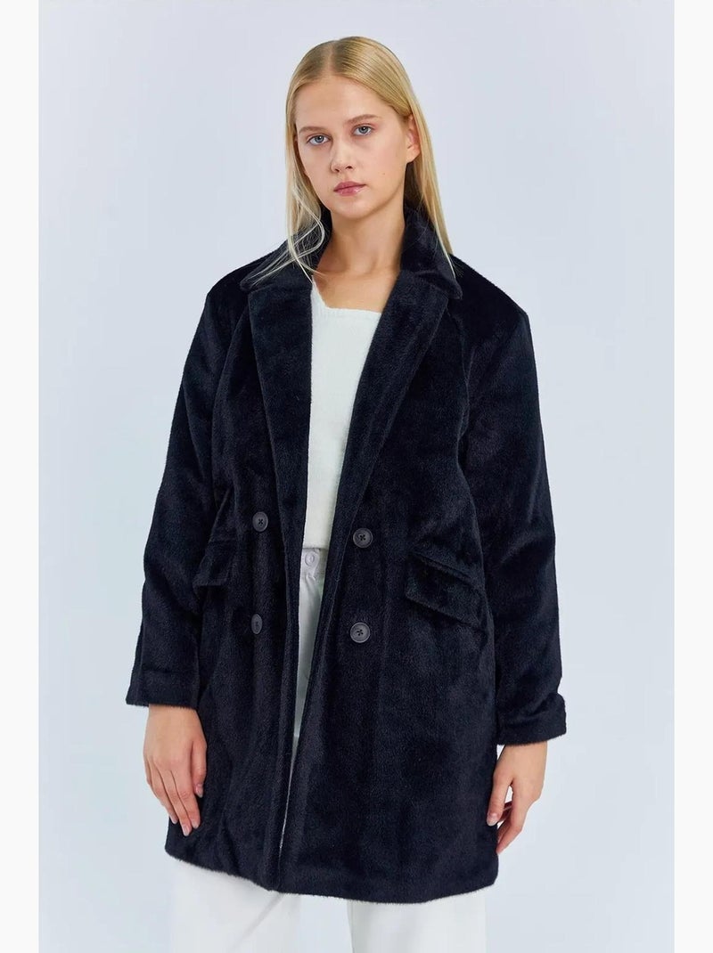 Manteau mi-long boutonné en peluche épaisse avec col veste mixray Noir - Kiabi