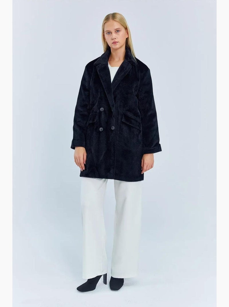 Manteau mi-long boutonné en peluche épaisse avec col veste mixray Noir - Kiabi