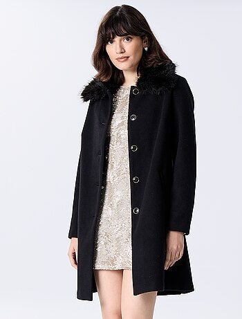 Manteau mi-long en faux lainage avec col en fausse fourrure