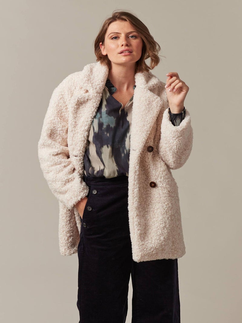 Manteau mi-long en imitation fourrure et en tissu bouclette pour femme 'Deeluxe' Beige argile - Kiabi