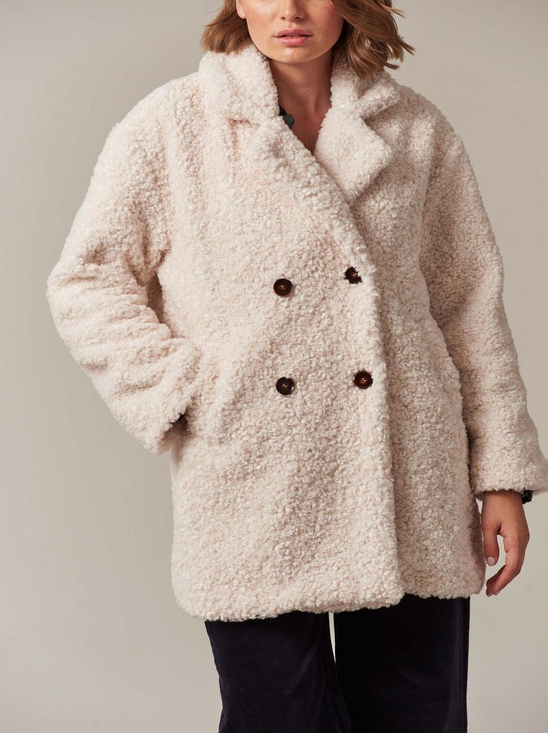 Manteau mi-long en imitation fourrure et en tissu bouclette pour femme 'Deeluxe' Beige argile - Kiabi