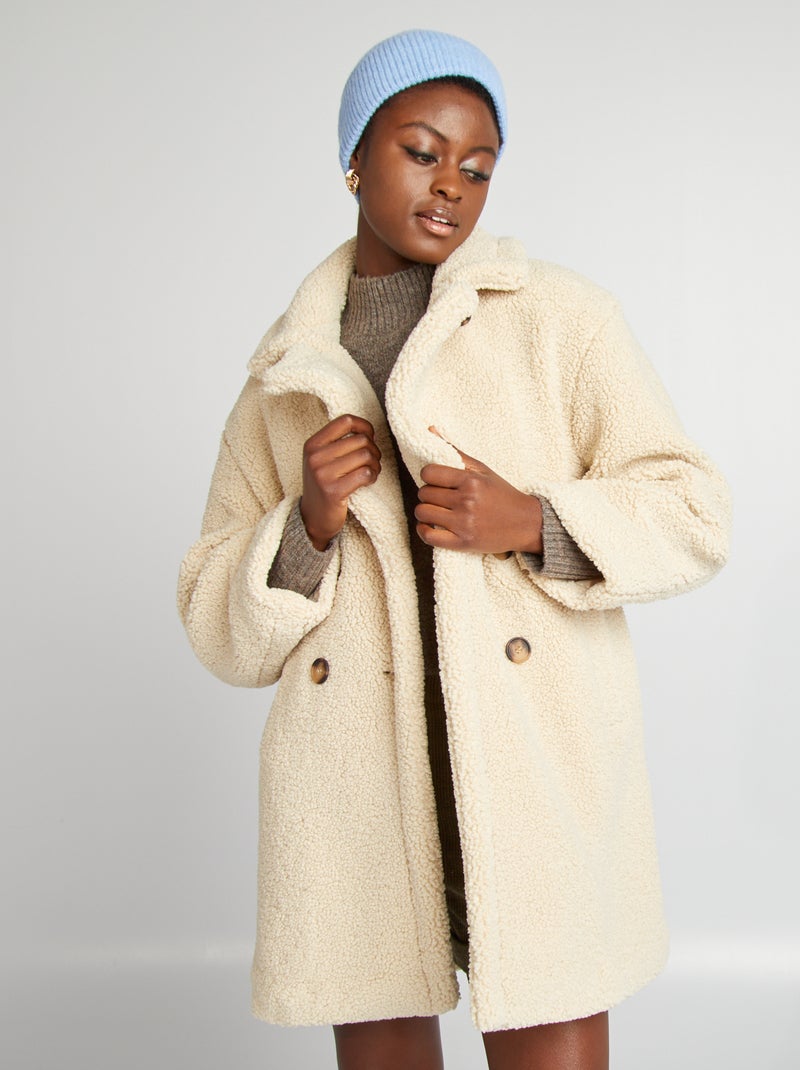 Manteau mi-long forme caban effet moutonné Beige - Kiabi