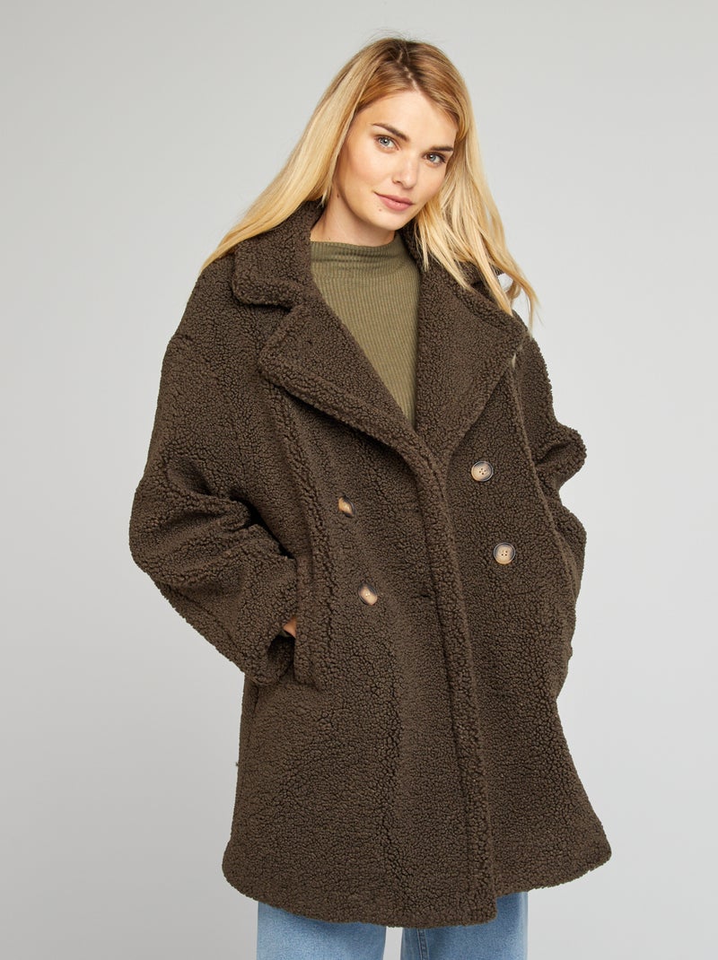 Manteau mi-long forme caban effet moutonné Kaki - Kiabi