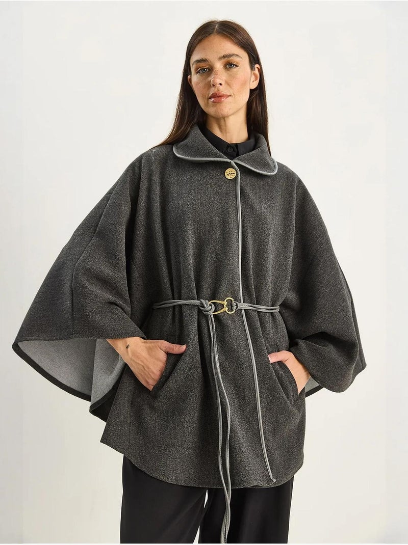 Manteau oversize en laine mélangée texturée à col veste lucci Gris Noir - Kiabi