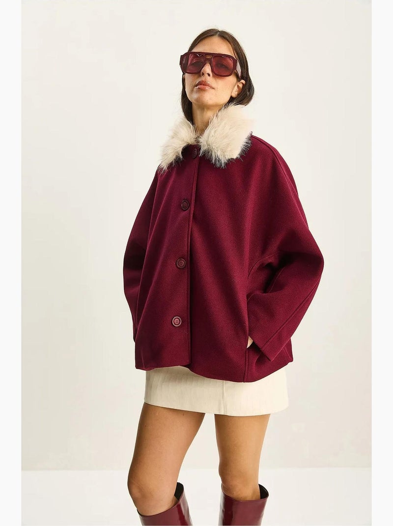 Manteau oversize en peluche avec col en fourrure lucci Rouge bordeaux - Kiabi