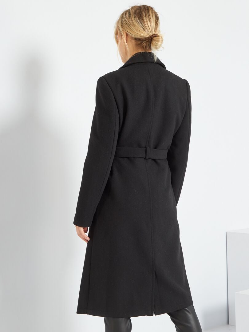 manteau long noir en laine avec ceinture