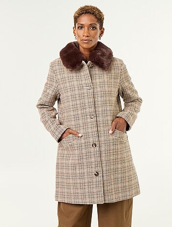 Manteau pied de poule avec col en fausse fourrure