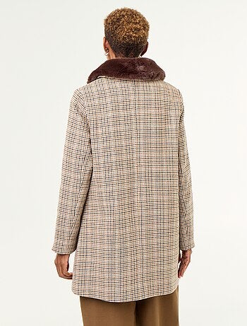 Manteau pied de poule avec col en fausse fourrure
