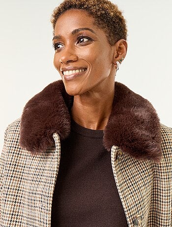 Manteau pied de poule avec col en fausse fourrure