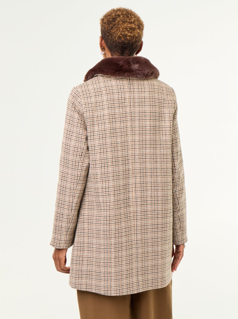 Manteau pied de poule avec col en fausse fourrure Marron - Kiabi