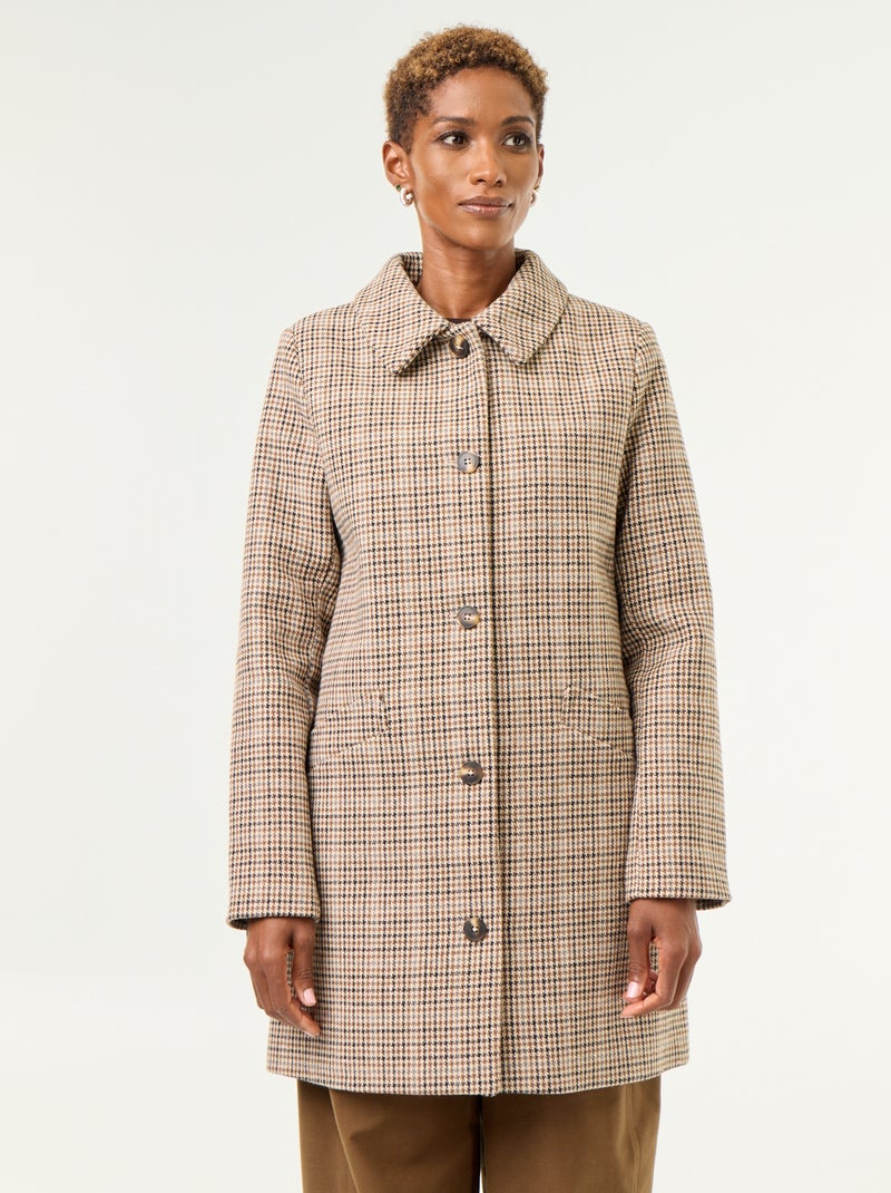Manteau pied de poule avec col en fausse fourrure Marron - Kiabi