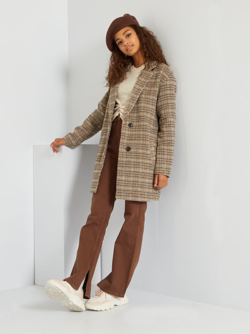 Manteau tailleur long boutonné Marron à carreaux - Kiabi