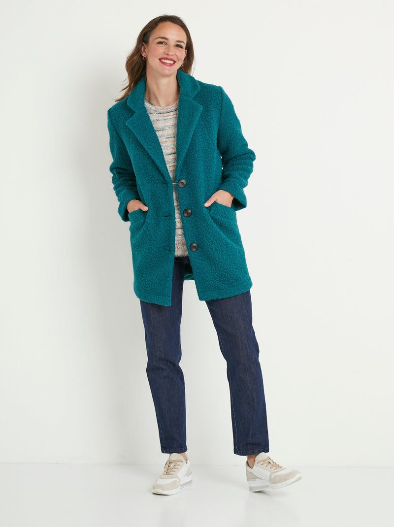 Manteau tissu bouclette mi-long boutonné - Afibel Bleu canard - Kiabi