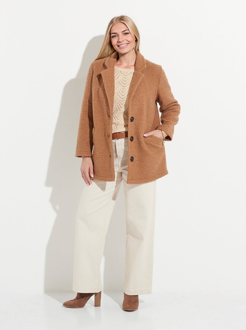 Manteau tissu bouclette mi-long boutonné - Afibel Camel - Kiabi