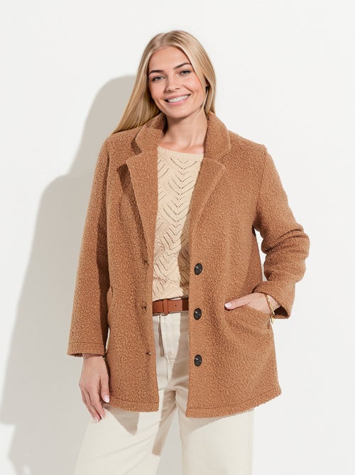 Manteau tissu bouclette mi-long boutonné - Kiabi