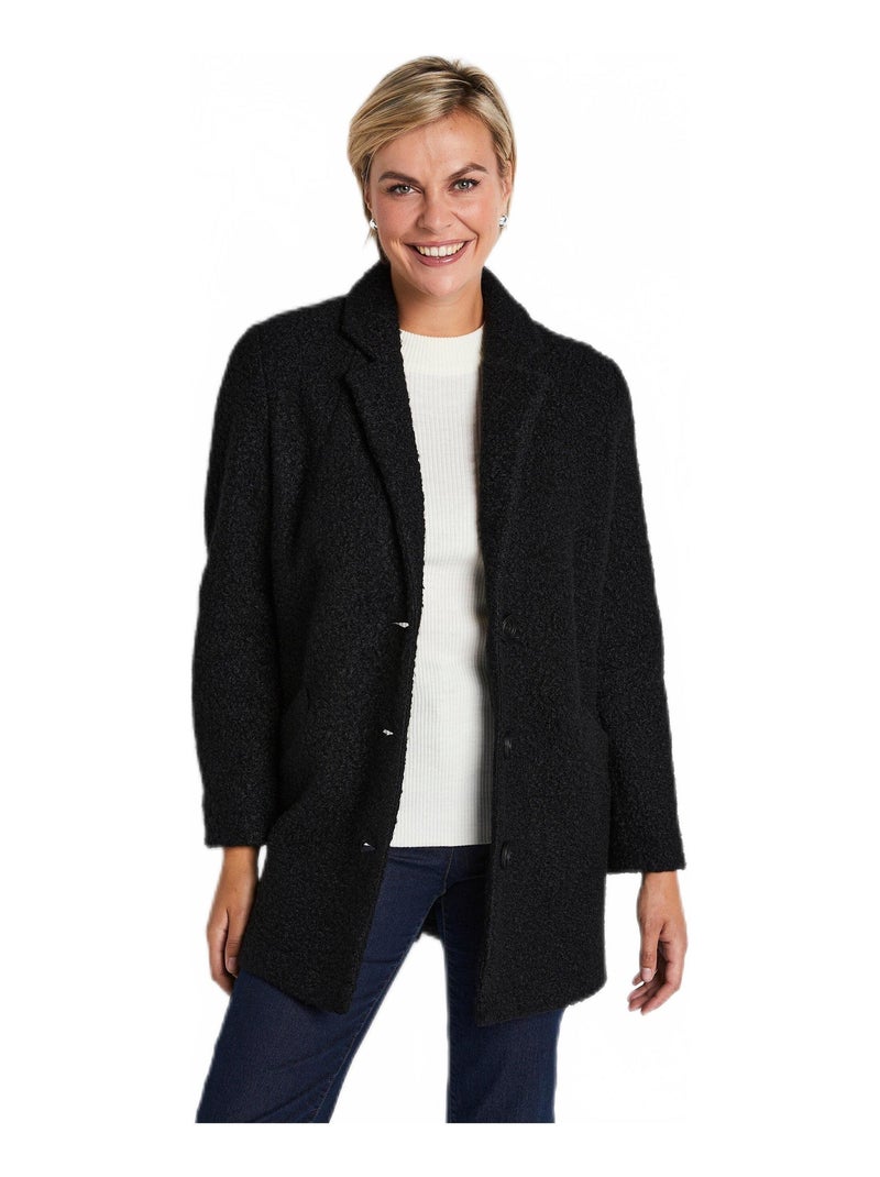 Manteau tissu bouclette mi-long boutonné Noir - Kiabi