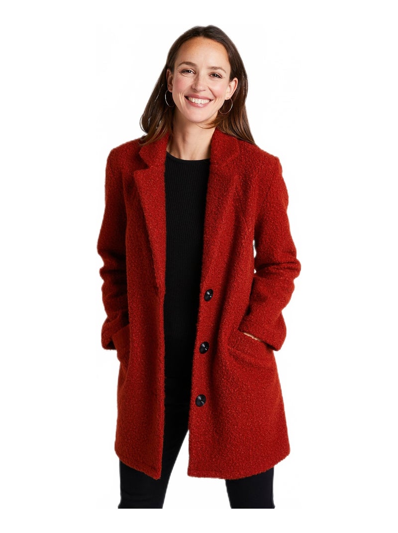 Manteau tissu bouclette mi-long boutonné Rouge - Kiabi