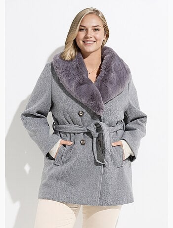 Manteau toucher laineux col fourrure - AFIBEL
