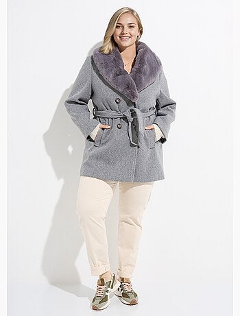 Manteau toucher laineux col fourrure - AFIBEL