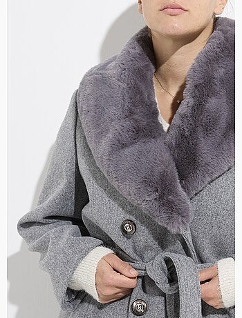 Manteau toucher laineux col fourrure - AFIBEL