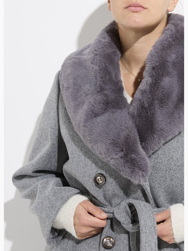 Manteau toucher laineux col fourrure - AFIBEL Gris clair - Kiabi
