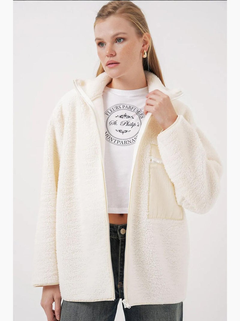 Manteau veste en fausse fourrure surdimensionné à fermeture éclair bdart Crème - Kiabi
