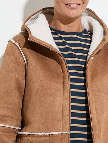 Manteau zippé à capuche effet peau lainée chaud