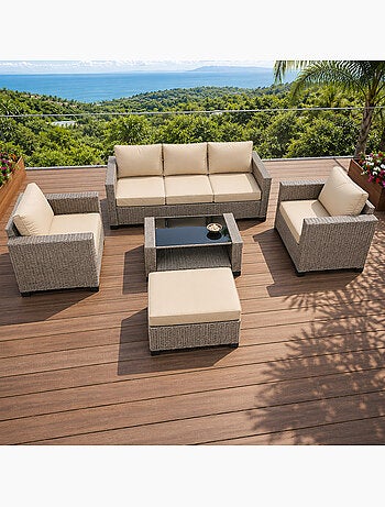 MARABO Salon de jardin 6 places modulable en résine tressée marron et beige