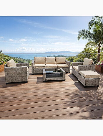 MARABO Salon de jardin 6 places modulable en résine tressée marron et beige