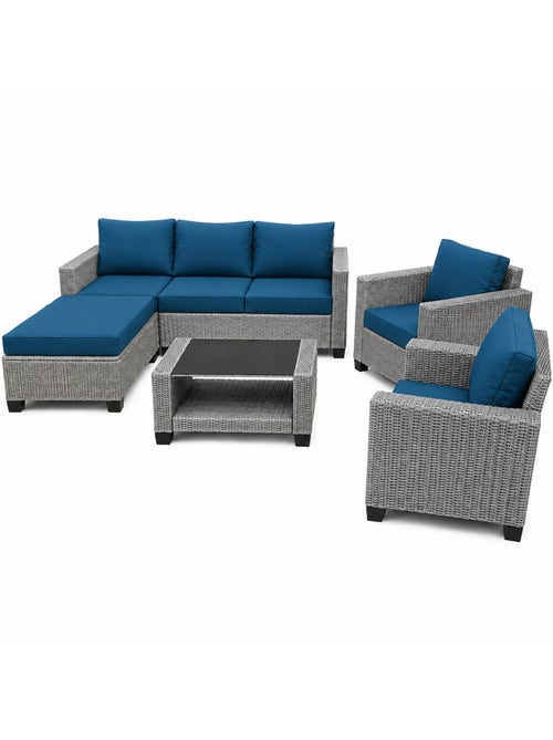 MARABO Salon de jardin 6 places modulable en résine tressée gris et bleu - Kiabi