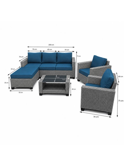 MARABO Salon de jardin 6 places modulable en résine tressée gris et bleu - Kiabi