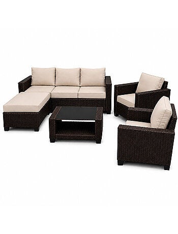 MARABO Salon de jardin 6 places modulable en résine tressée marron et beige
