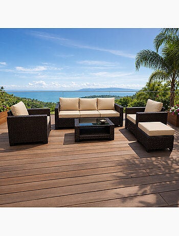 MARABO Salon de jardin 6 places modulable en résine tressée marron et beige