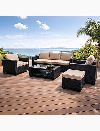 MARABO Salon de jardin 6 places modulable en résine tressée marron et beige