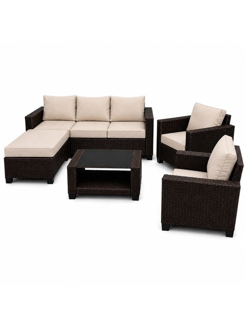 MARABO Salon de jardin 6 places modulable en résine tressée marron et beige - Kiabi