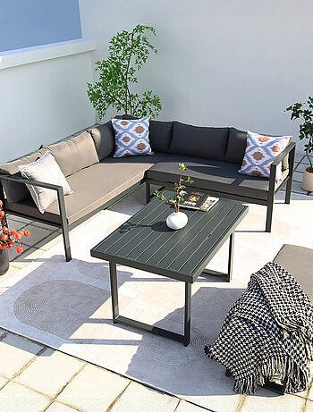 MARBELLA - Salon de jardin gris foncé 6 places canapé + banc