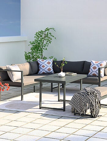 MARBELLA Salon de jardin gris foncé 6 places canapé et banc