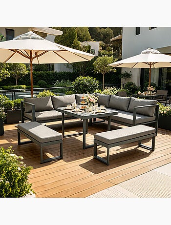 MARBELLA Salon de jardin gris foncé 7-9 places canapé + 2 bancs