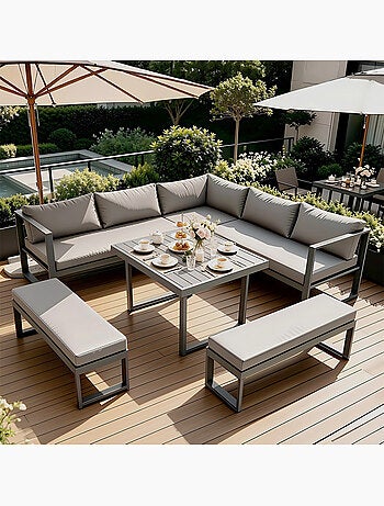 MARBELLA Salon de jardin gris foncé 7-9 places canapé + 2 bancs