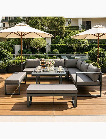 MARBELLA Salon de jardin gris foncé 7-9 places canapé + 2 bancs