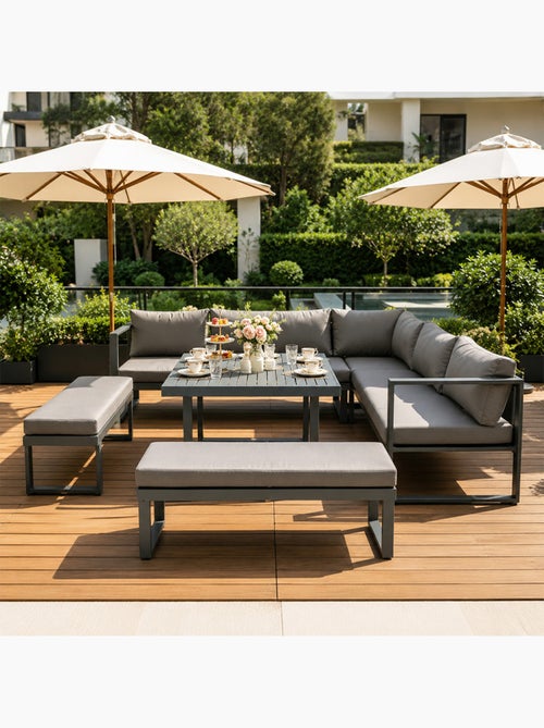 MARBELLA Salon de jardin gris foncé 7-9 places canapé + 2 bancs - Kiabi MARBELLA Salon de jardin gris foncé 7-9 places canapé + 2 bancs - Kiabi