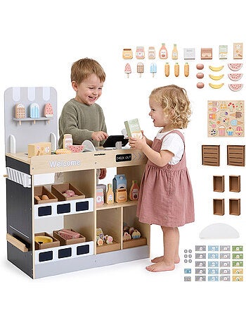 Marchand marchandise bois enfant caisse enregistreuse 60 accessoires mamabrum