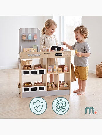 Marchand marchandise bois enfant caisse enregistreuse 60 accessoires mamabrum