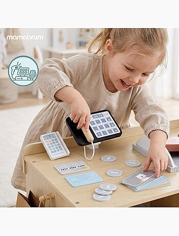 Marchand marchandise bois enfant caisse enregistreuse 60 accessoires mamabrum