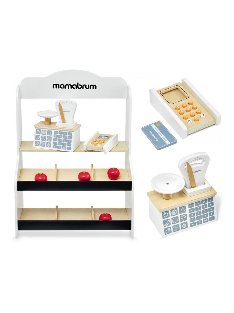 Marchande Enfant bois - Stand Vendeur Balance, Terminal avec Carte & 4 Pommes N/A - Kiabi