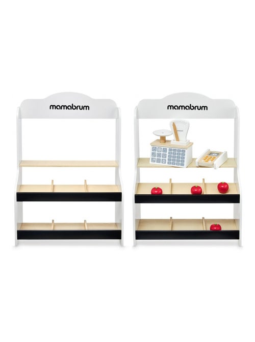 Marchande Enfant bois - Stand Vendeur Balance, Terminal avec Carte & 4 Pommes - Kiabi