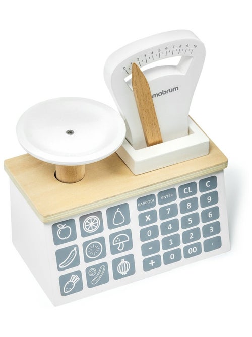 Marchande Enfant bois - Stand Vendeur Balance, Terminal avec Carte & 4 Pommes - Kiabi