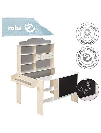 Marchande enfant en bois avec comptoir étagères et tableau noir ROBA