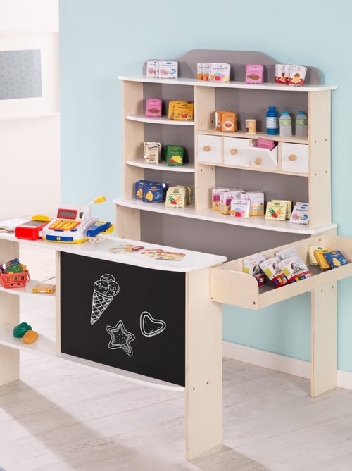 Marchande enfant en bois avec comptoir étagères et tableau noir ROBA - Kiabi
