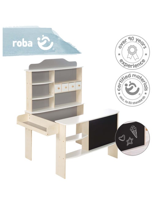 Marchande enfant en bois avec comptoir étagères et tableau noir ROBA - Kiabi